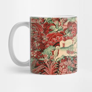 FANTASTIC ANIMALS AND HORSES IN WOODLAND Red White Green Antique French Tapestry Mug